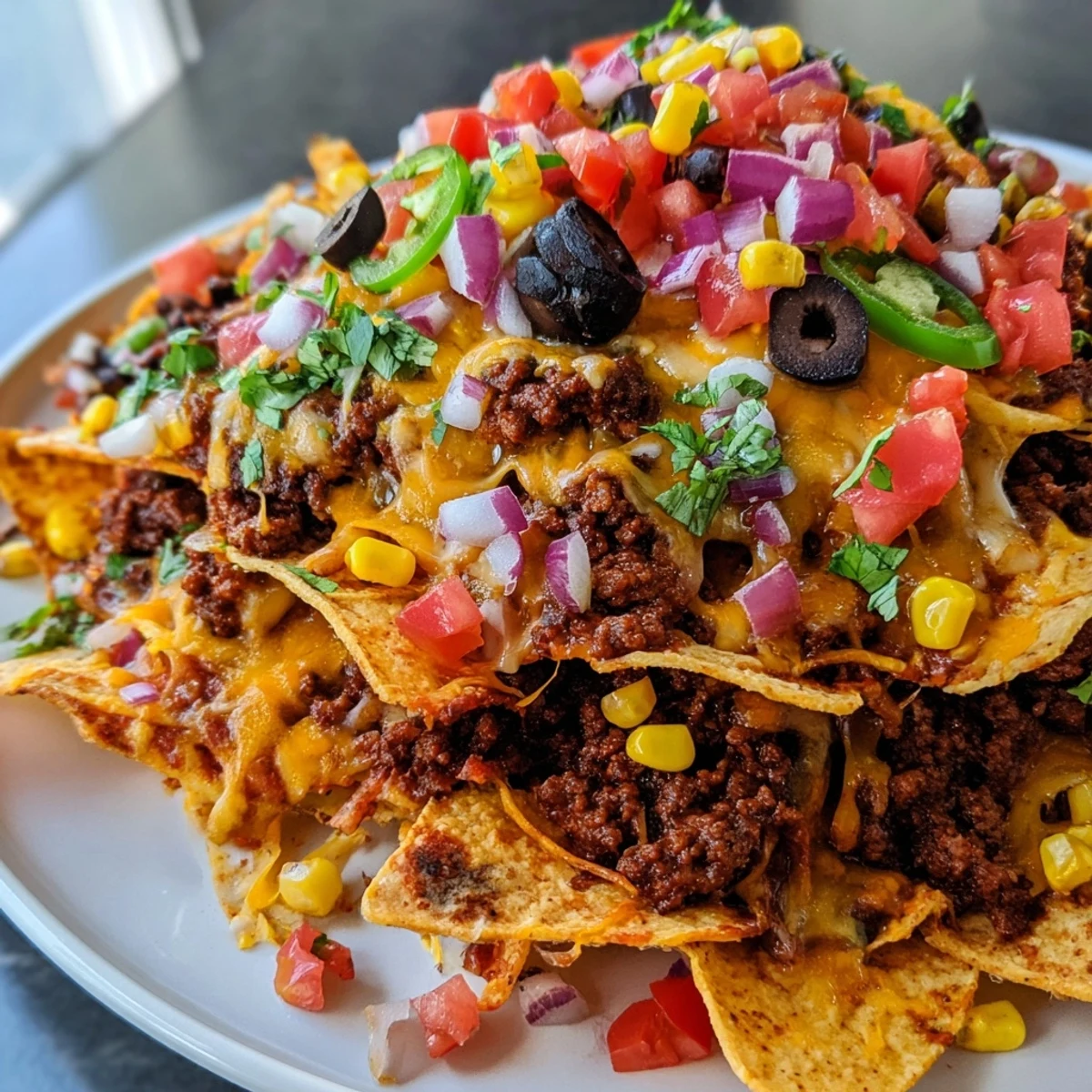 A tray of sizzling Easy Sheet-Pan Nachos, perfectly baked with layers of cheese and seasoned ground beef.