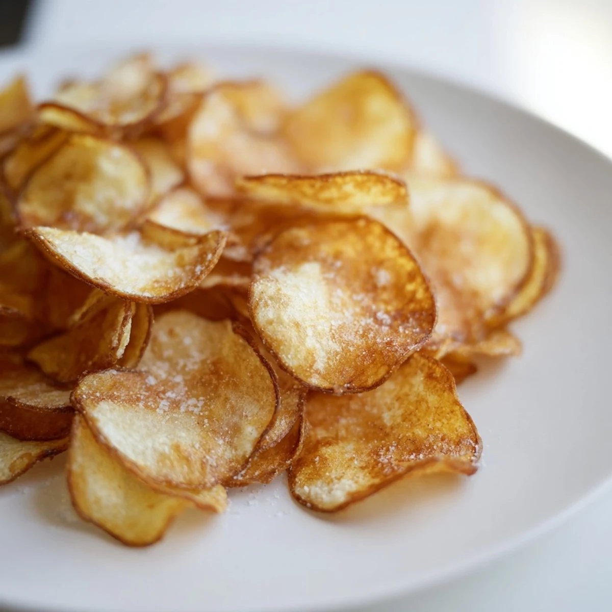 Thin, golden-brown air-fryer potato chips, lightly salted and perfect for dipping into your favorite sauce.