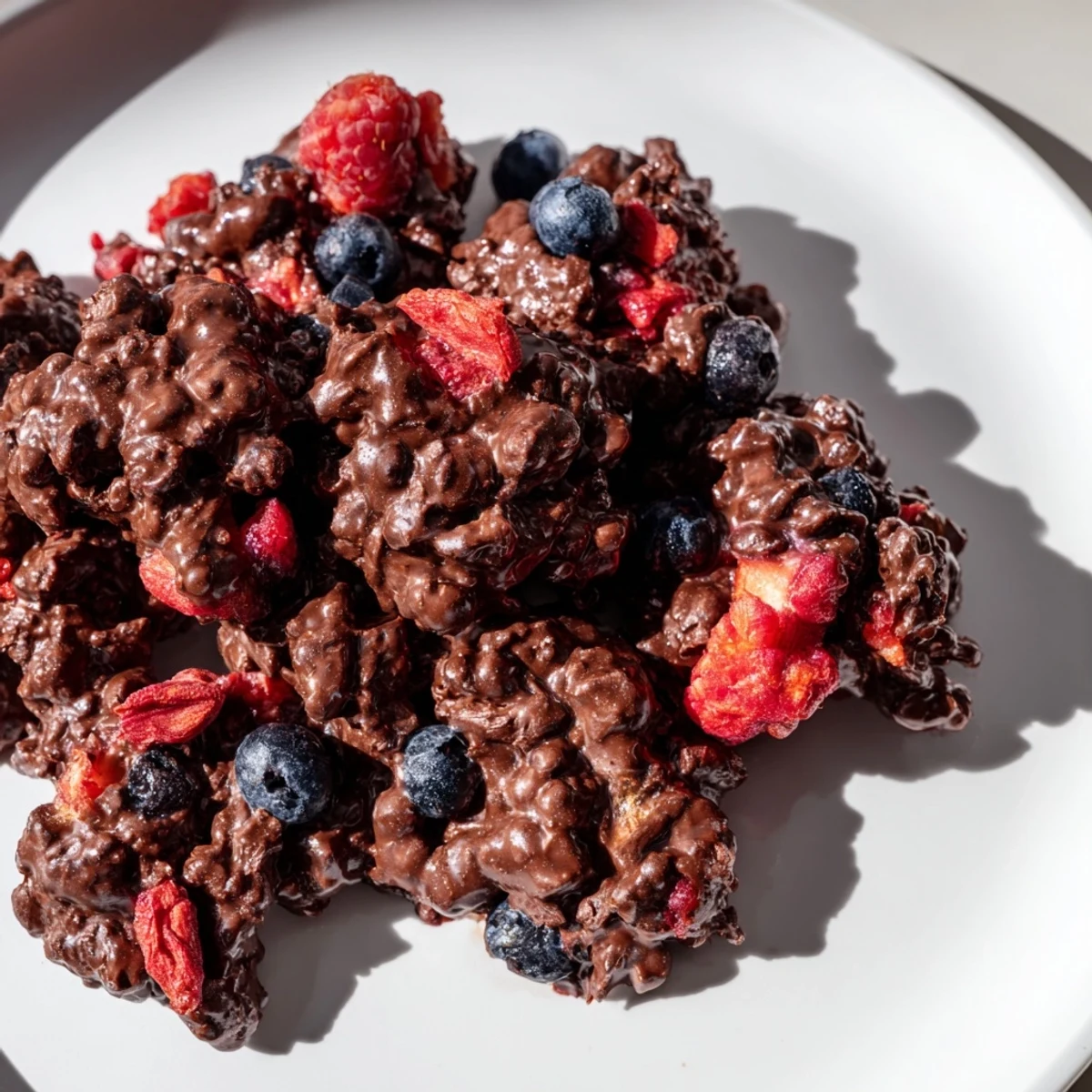 Delicious chocolate yogurt clusters, frozen to perfection with vibrant berries inside this sweet snack.