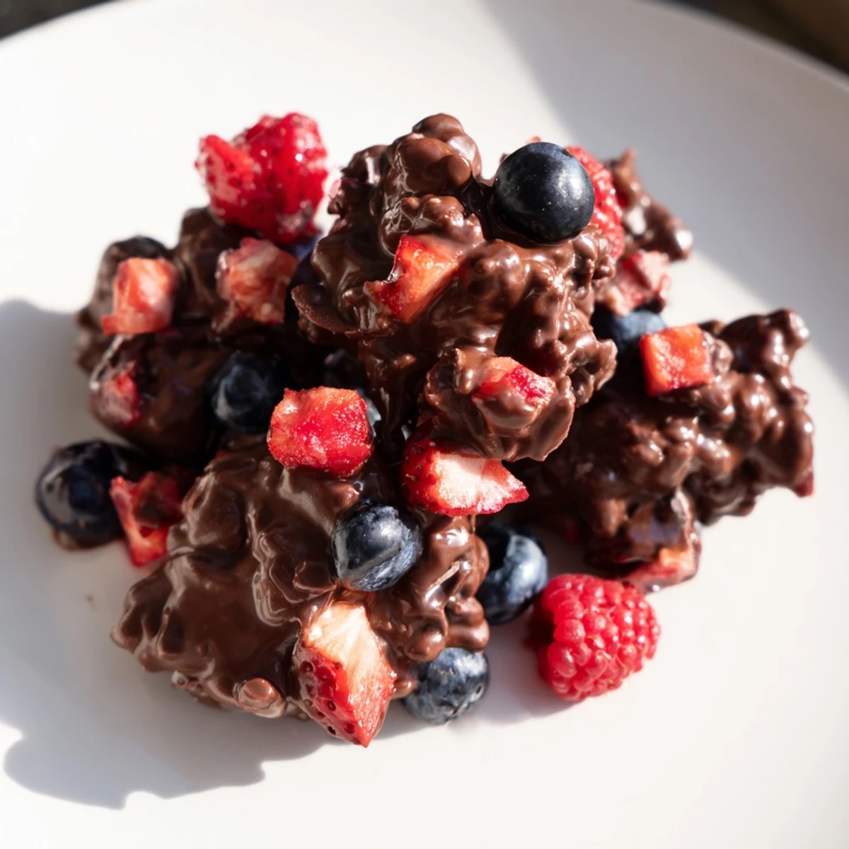 A close-up of decadent chocolate yogurt clusters, showing the dark chocolate coating on each bite.