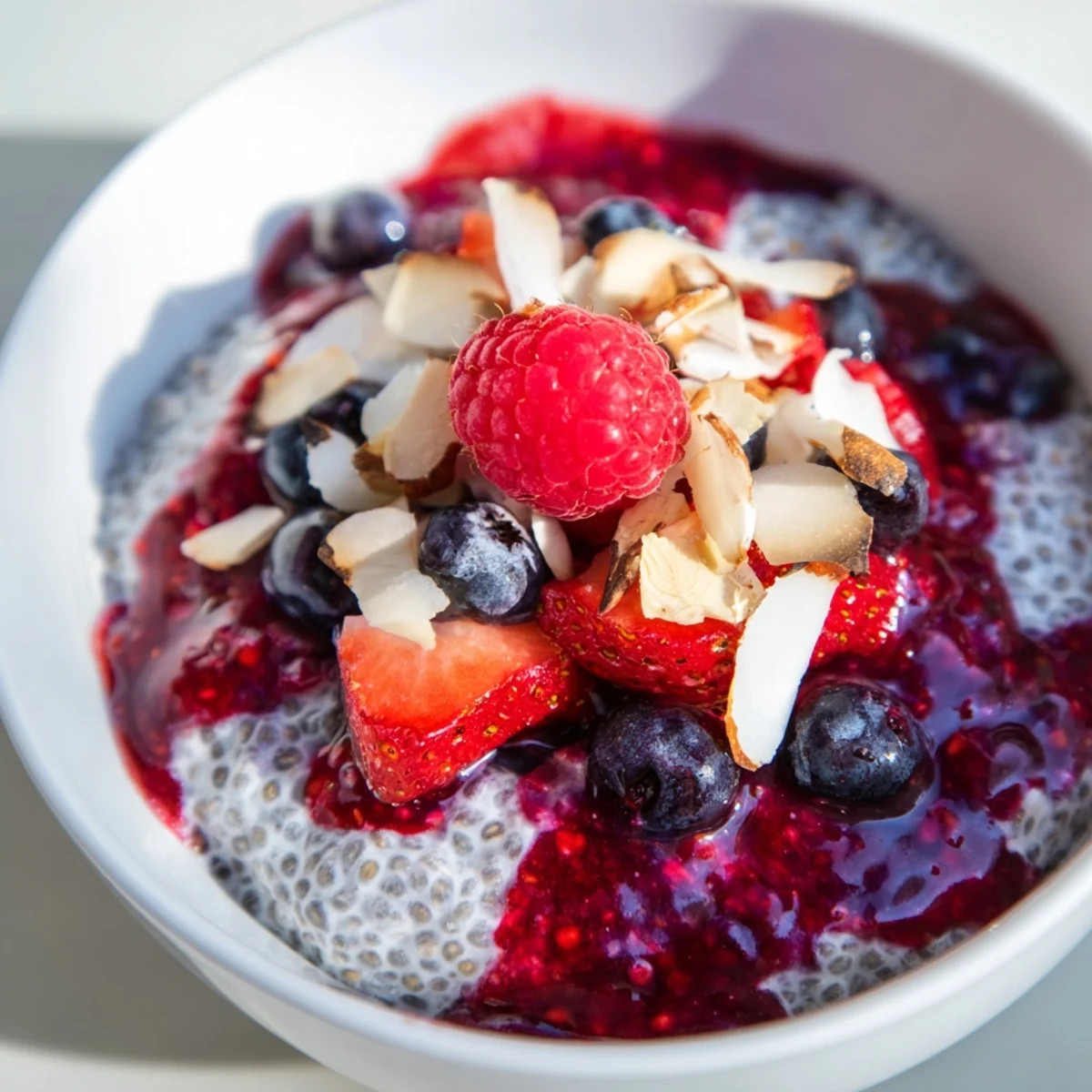 A close-up shot of a healthy berry chia pudding, showcasing fresh berries and coconut flakes.