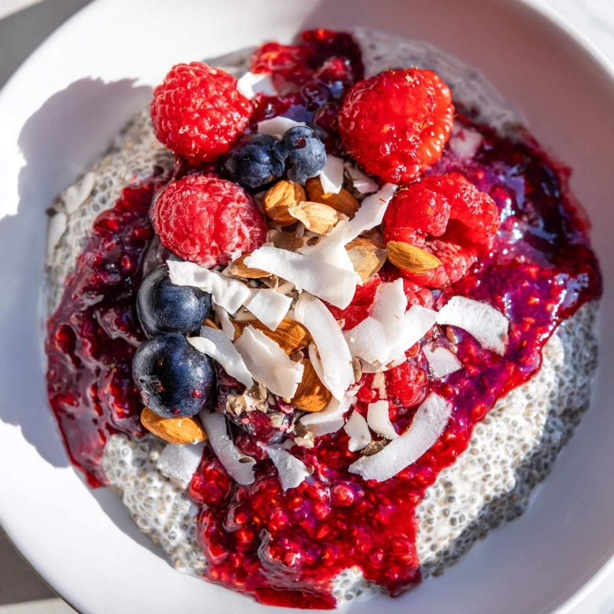 Creamy berry chia pudding layered with vibrant red and purple berries, ready to serve as breakfast.