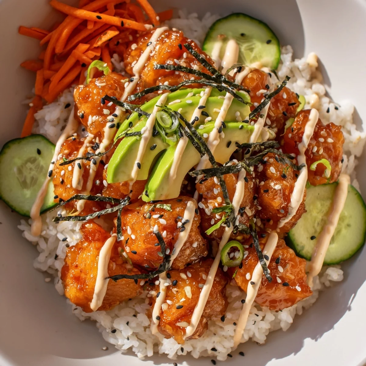 Golden crispy salmon bites nestled in a bowl over rice, ready to be enjoyed.
