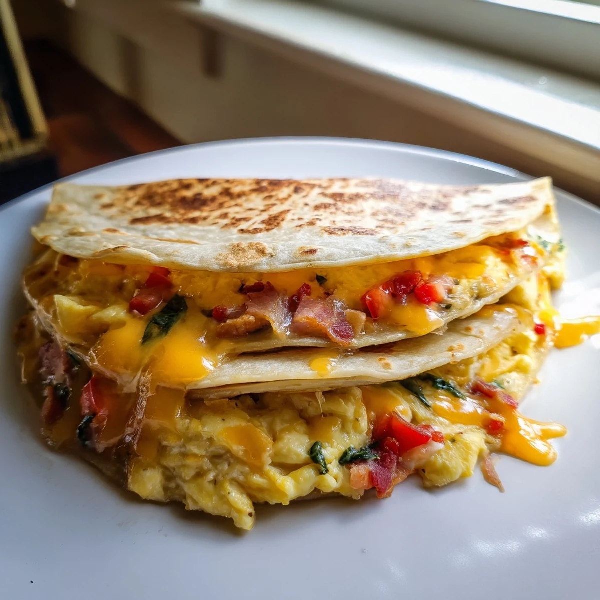 Golden, crispy breakfast quesadilla with folded tortilla, filled with savory eggs and melted cheese.