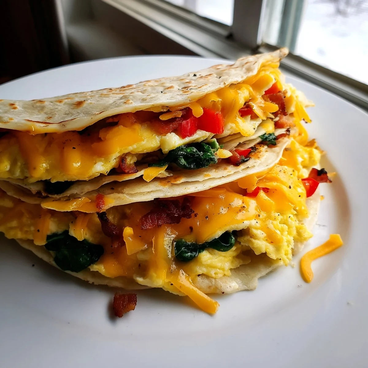 A perfectly folded breakfast quesadilla hack, showcasing a delicious Tex-Mex breakfast ready to eat.