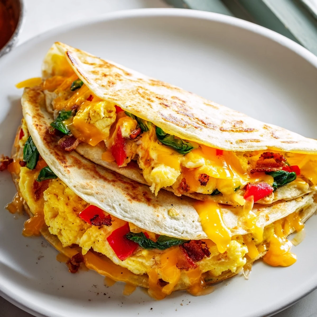 Visualize warm, cheesy breakfast quesadilla: a quick folded tortilla creation with eggs, ready to enjoy.