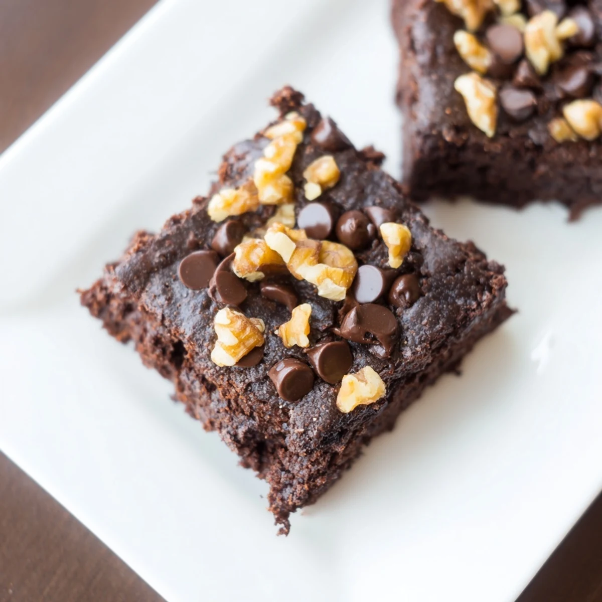 Fudgy Greek yogurt brownies, warm from the oven, with melting chocolate chips topping them.