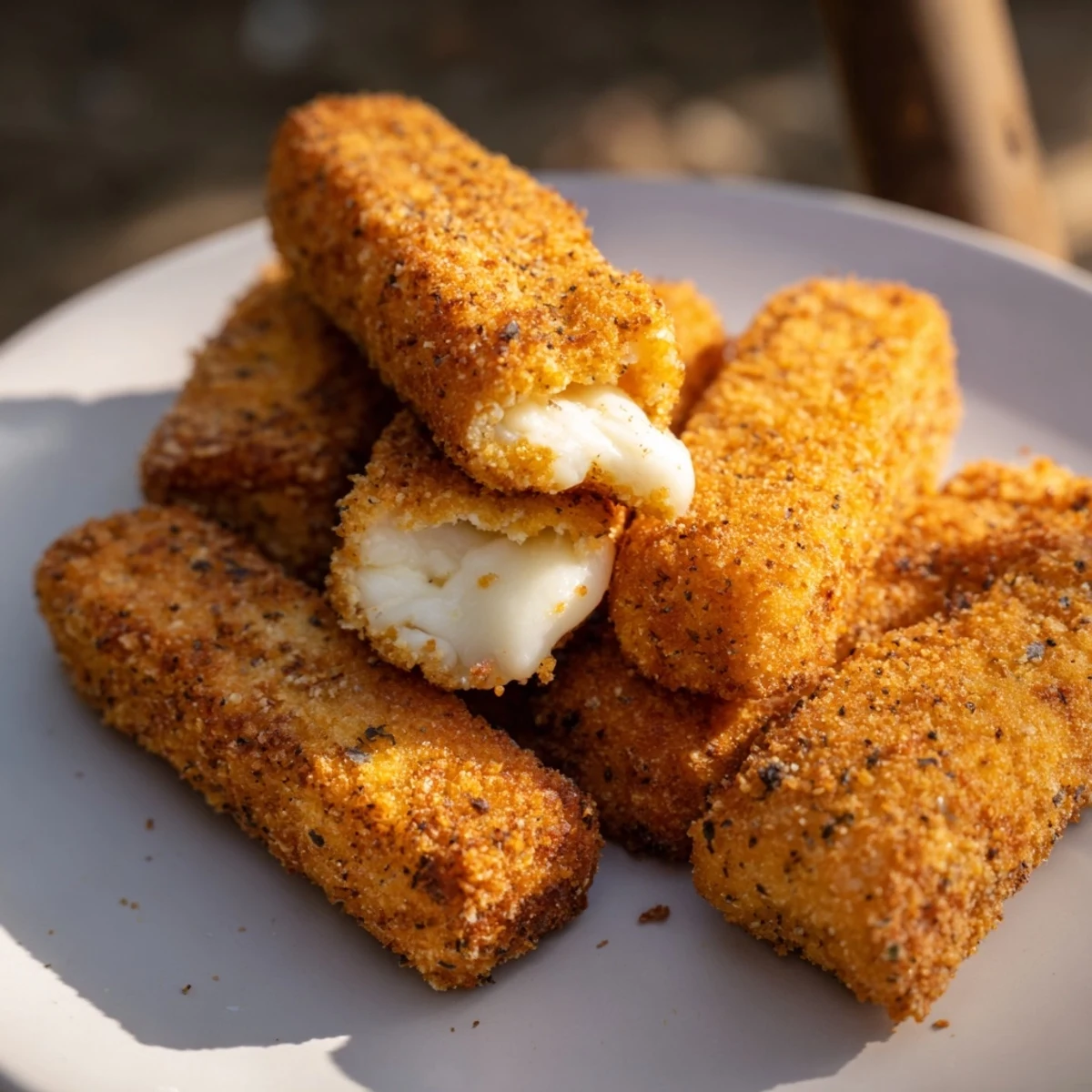 Golden-brown, crisp air fryer mozzarella sticks with melted cheese, ready to dip in marinara sauce.