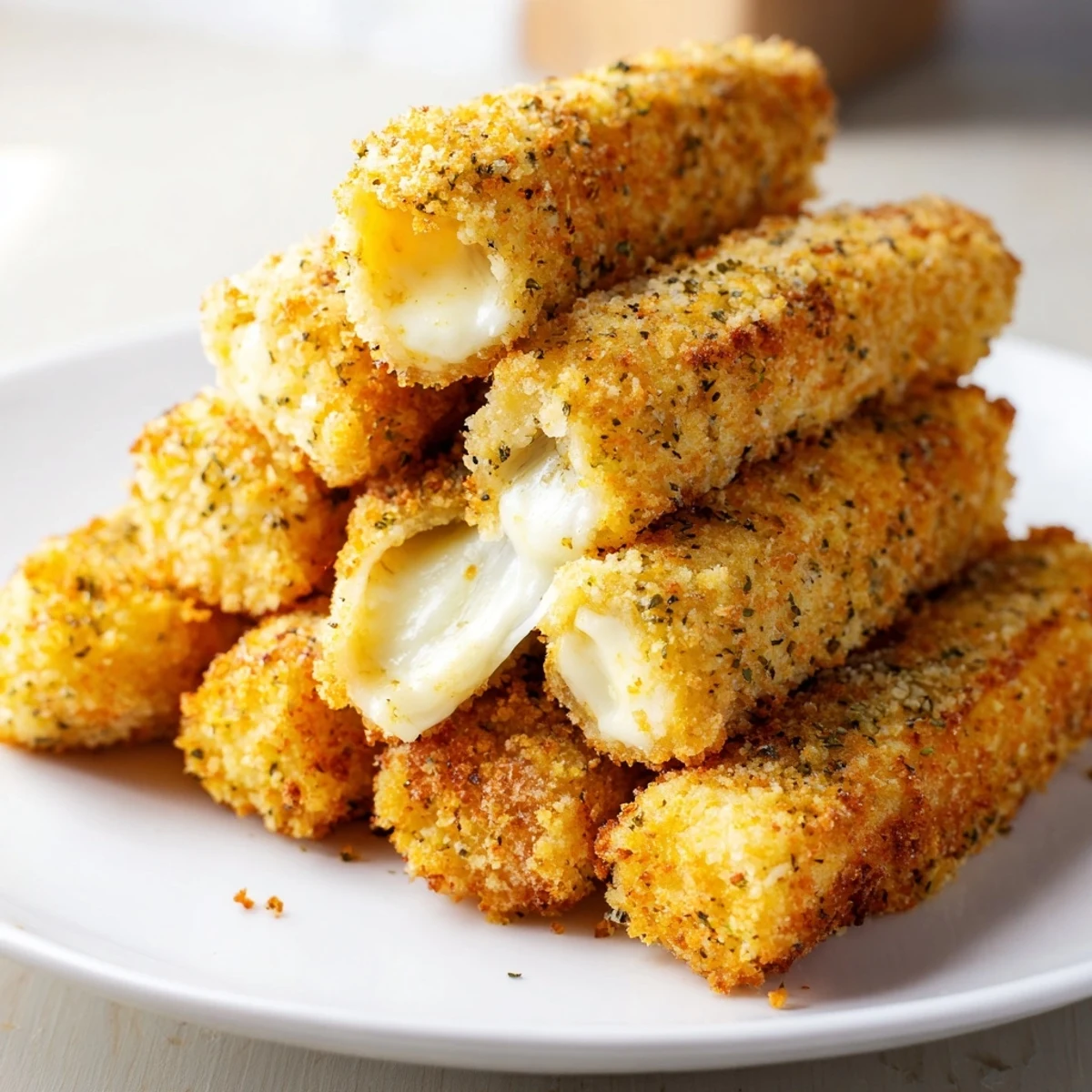 Air fryer mozzarella sticks with a crispy breadcrumb coating, ideal for a quick and delicious homemade snack.