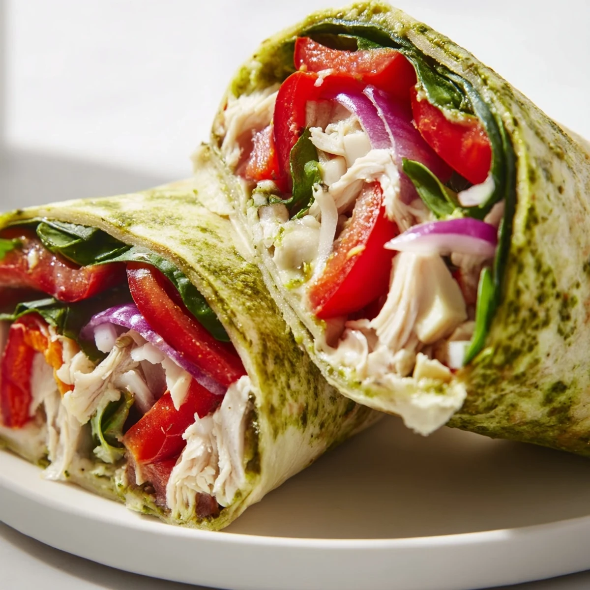 Savory Pesto Chicken Wrap, filled with vibrant ingredients, ready to eat and enjoy for lunch.