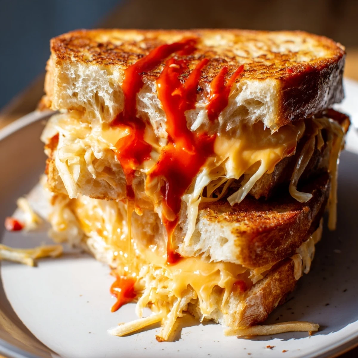 This picture reveals a mouthwatering Spiked Grilled Cheese, perfect with its sriracha mayo, served hot and gooey.