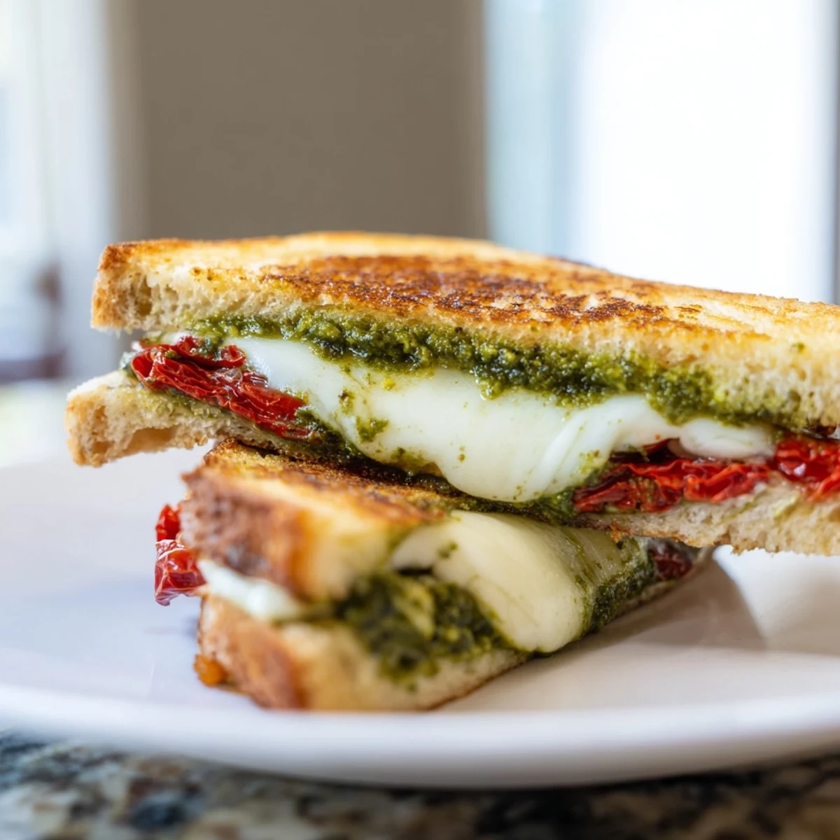Golden, bubbly Pesto Grilled Cheese sandwich with melted mozzarella and red sun-dried tomatoes inside.