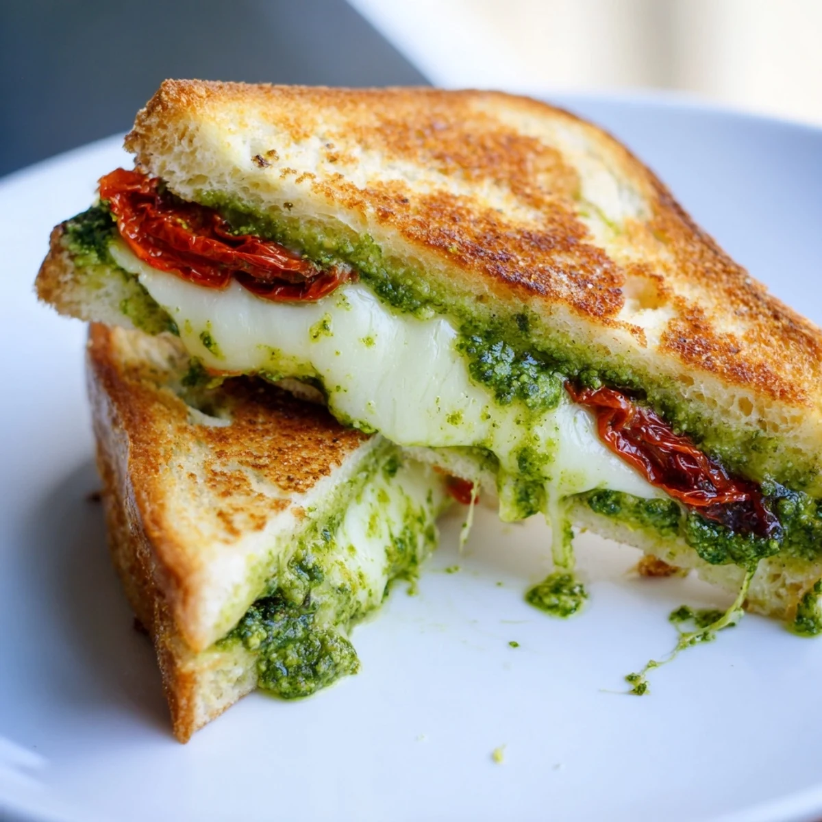 Crispy, toasted Pesto Grilled Cheese featuring creamy cheese, ready to be sliced and devoured.
