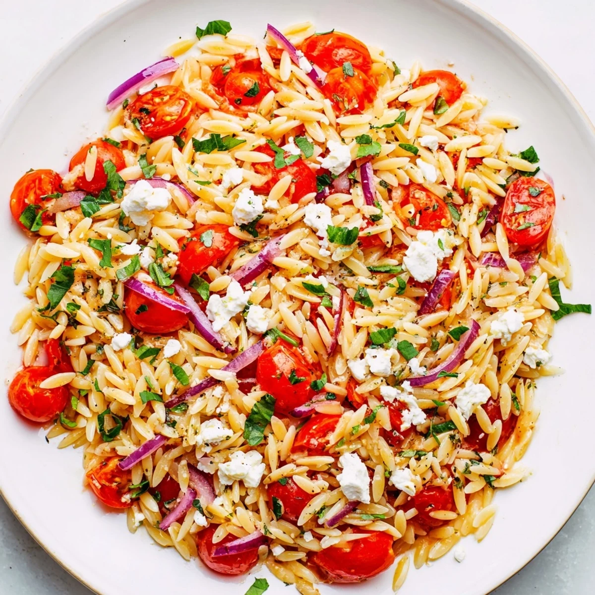 Bright, flavorful Tomato Feta Orzo features plump tomatoes, crumbled feta, and fresh herbs in a salad.
