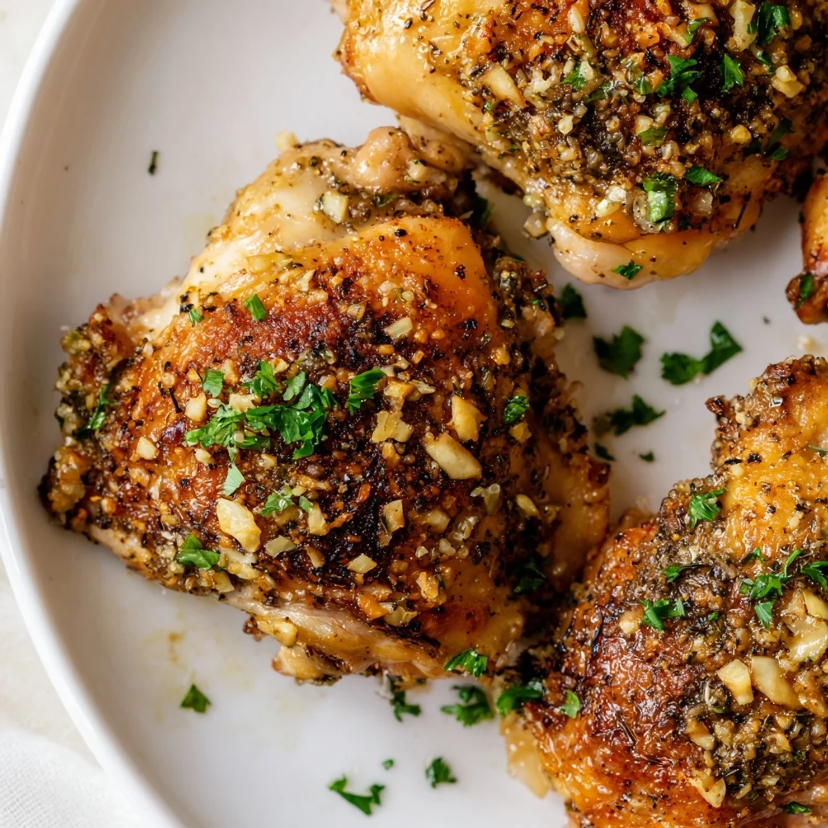Golden-brown Crispy Garlic Chicken Thighs with a glistening, beautifully crisp skin and savory flavor.