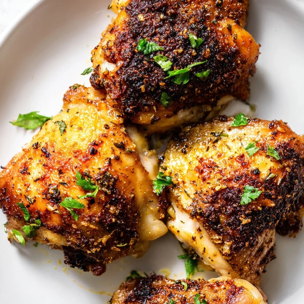 Air-fried Crispy Garlic Chicken Thighs boast a perfect crunch and juicy, tender meat, ready to enjoy.