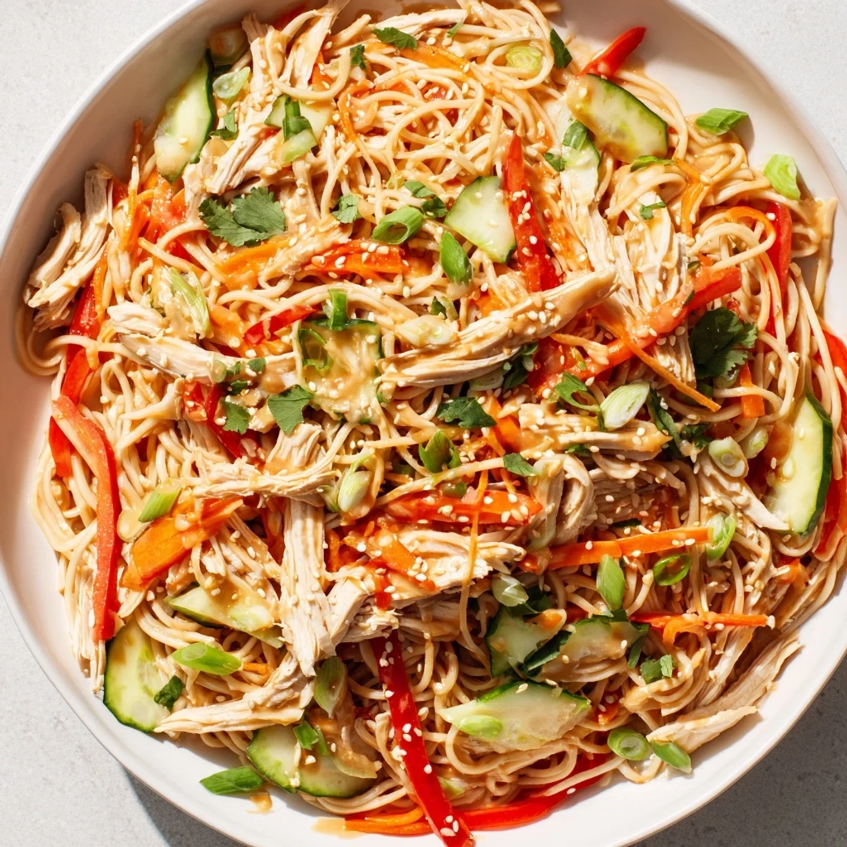 Chilled Chicken Noodle Salad: A vibrant bowl showcasing colorful veggies and tender chicken in a sesame dressing.