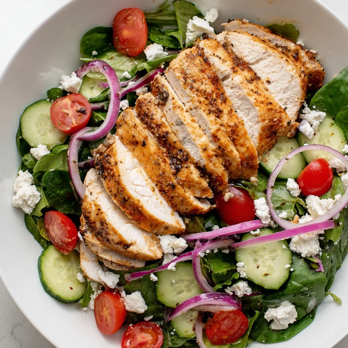 Quick Pan-Seared Chicken Salad with golden chicken, vibrant greens, and creamy feta cheese, ready to enjoy.