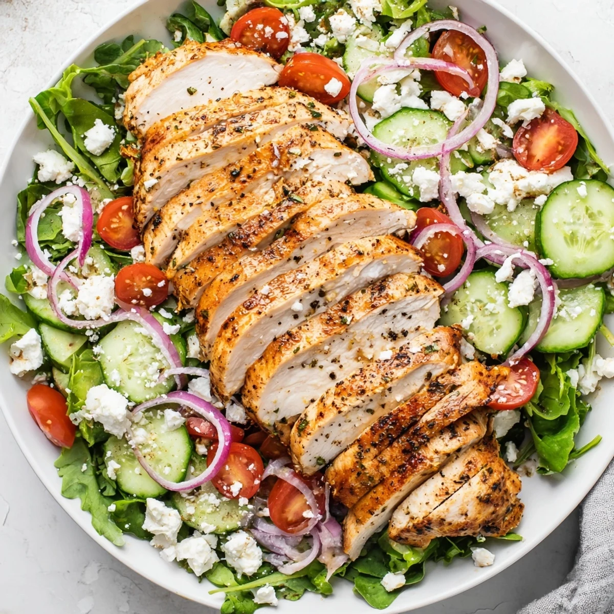 Warm, sliced Quick Pan-Seared Chicken Salad resting atop a crisp salad, drizzled with tangy balsamic dressing.
