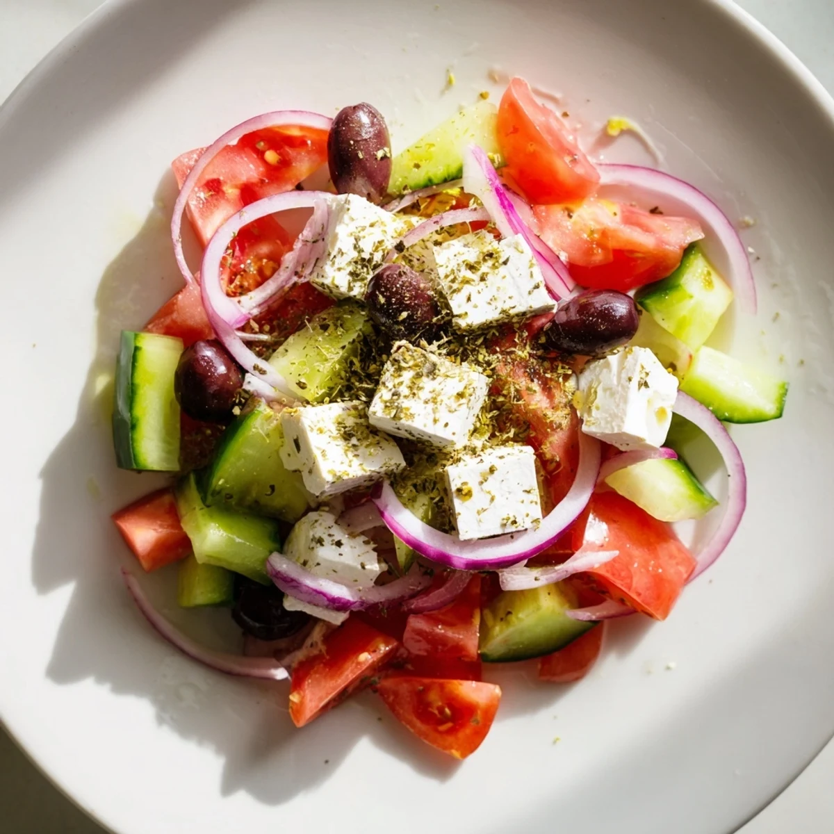 Freshly tossed Mediterranean Salad, showcasing juicy tomatoes, tangy olives, and creamy feta cheese.