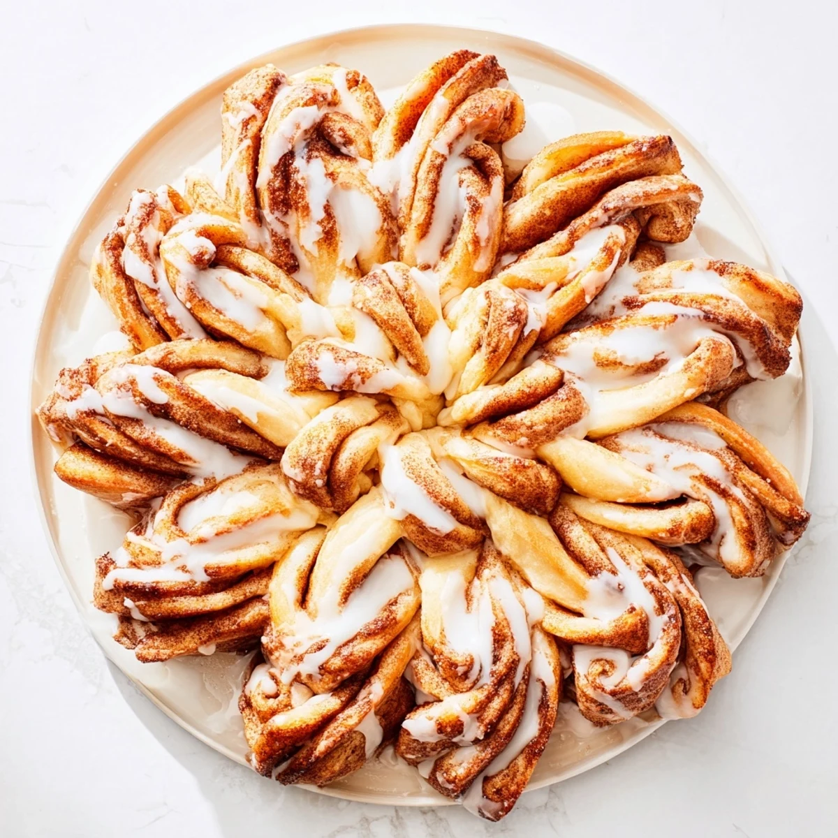A close-up shot of a Cinnamon Roll Pull-Apart Snowflake shows soft, cinnamon-sugar swirls and drizzled icing.