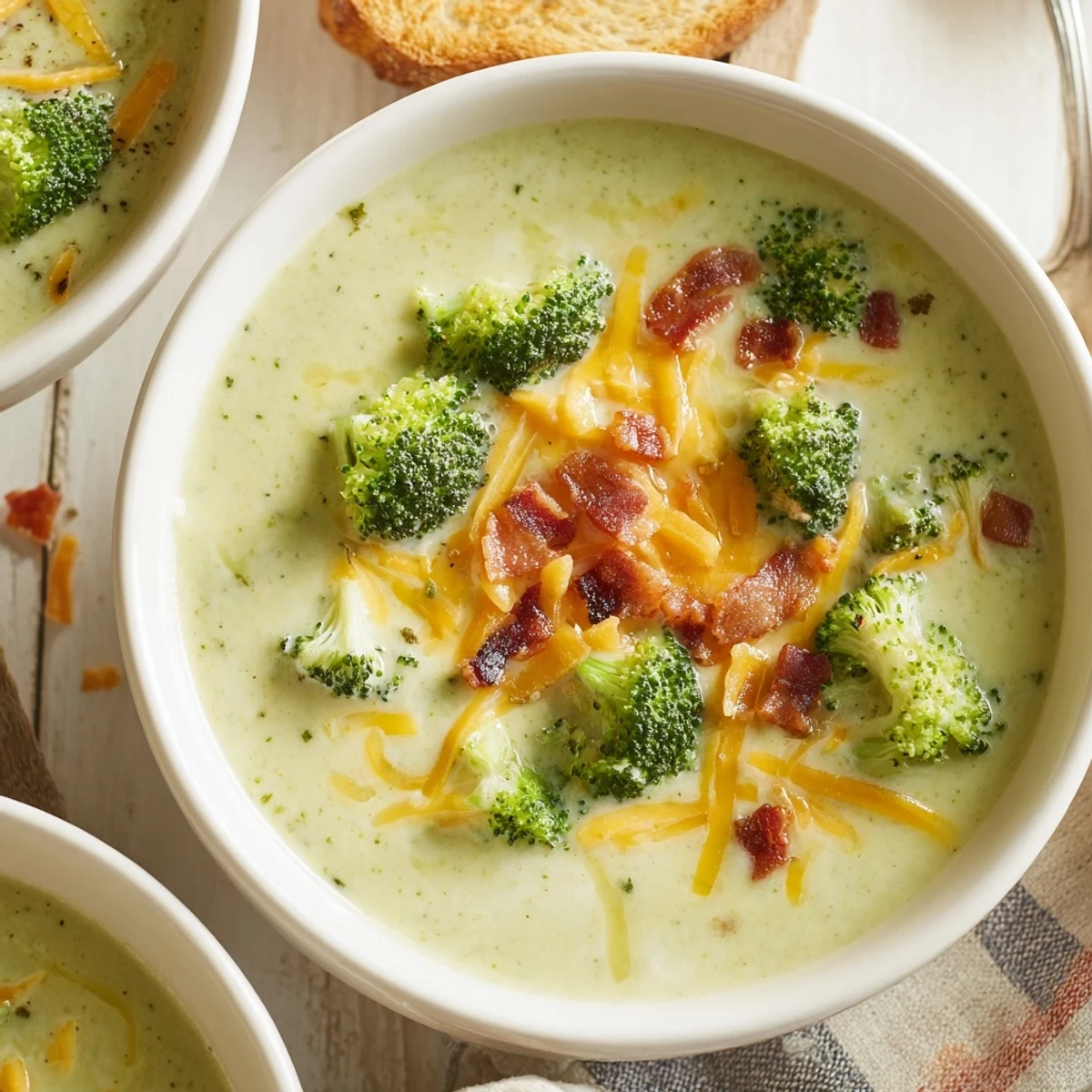 Steaming creamy bowl of Broccoli Cheddar Soup, topped with crispy bacon and fresh cheddar.