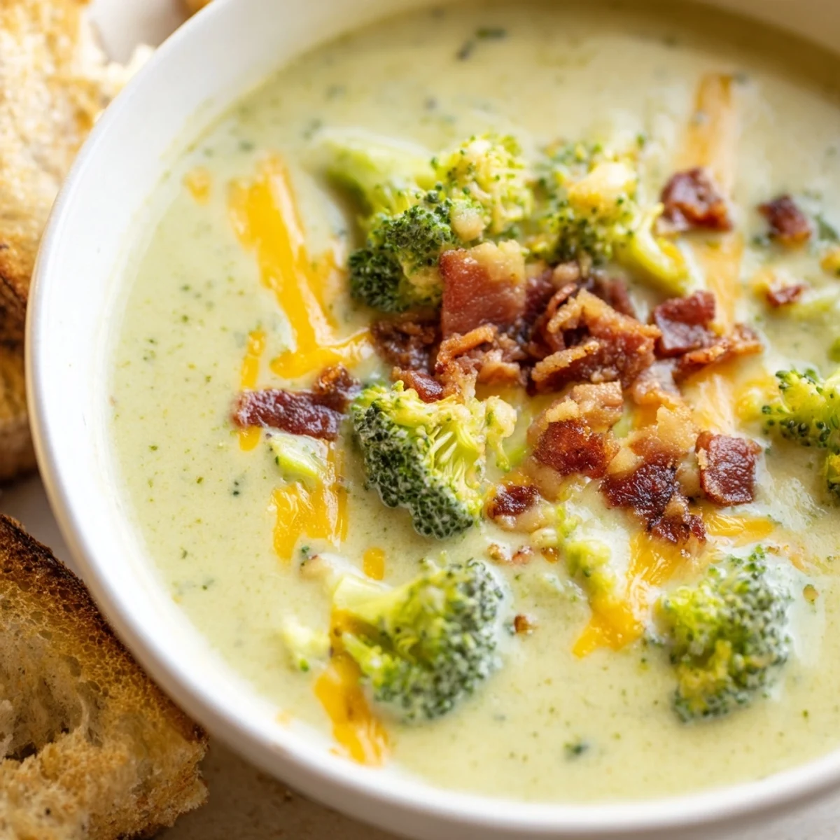 An inviting image of golden, cheesy Broccoli Cheddar Soup beside warm, buttered bread slices.