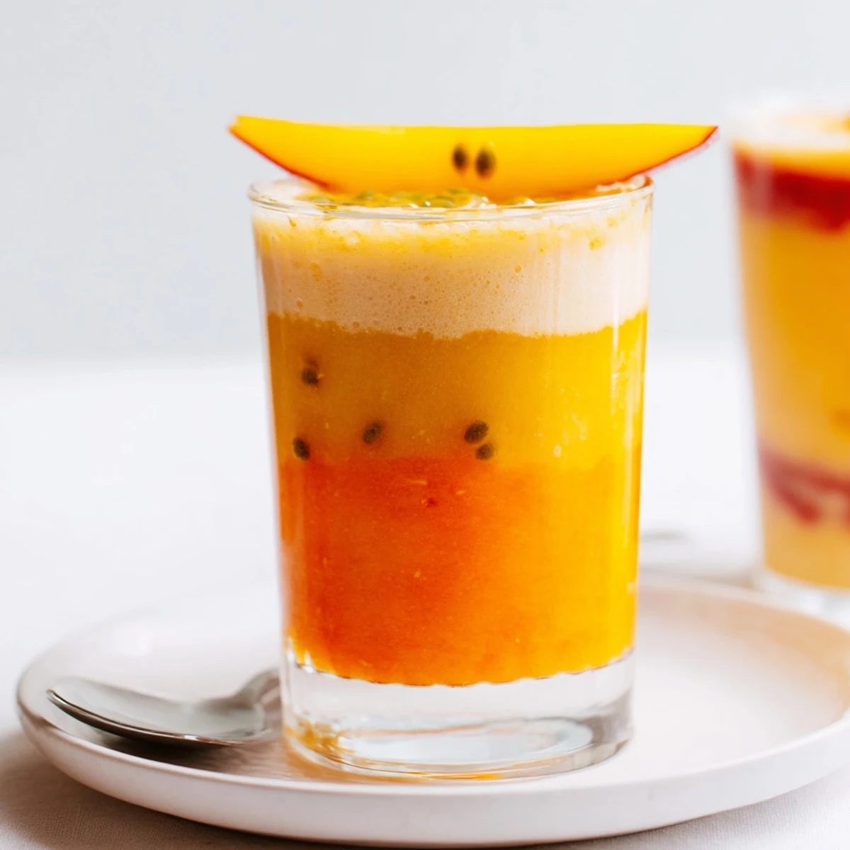 Vibrant layers of mango, passion fruit, and orange juice create this beautiful Tropical Sunset Smoothie.