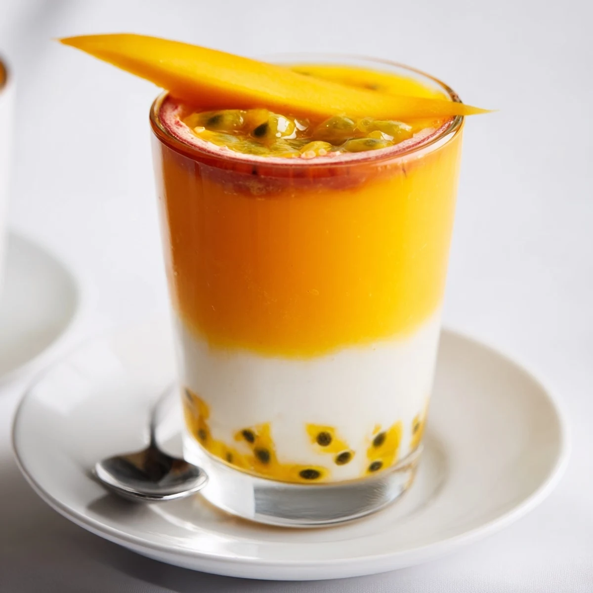 A refreshing glass of Tropical Sunset Smoothie, layered with colorful fruit and creamy yogurt, is ready.