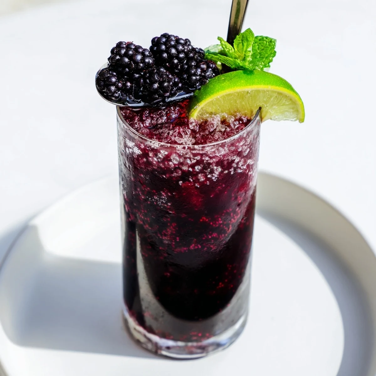 Dark Matter Mocktail, layered with inky black charcoal and rich blackberry syrup, garnished with fresh berries.