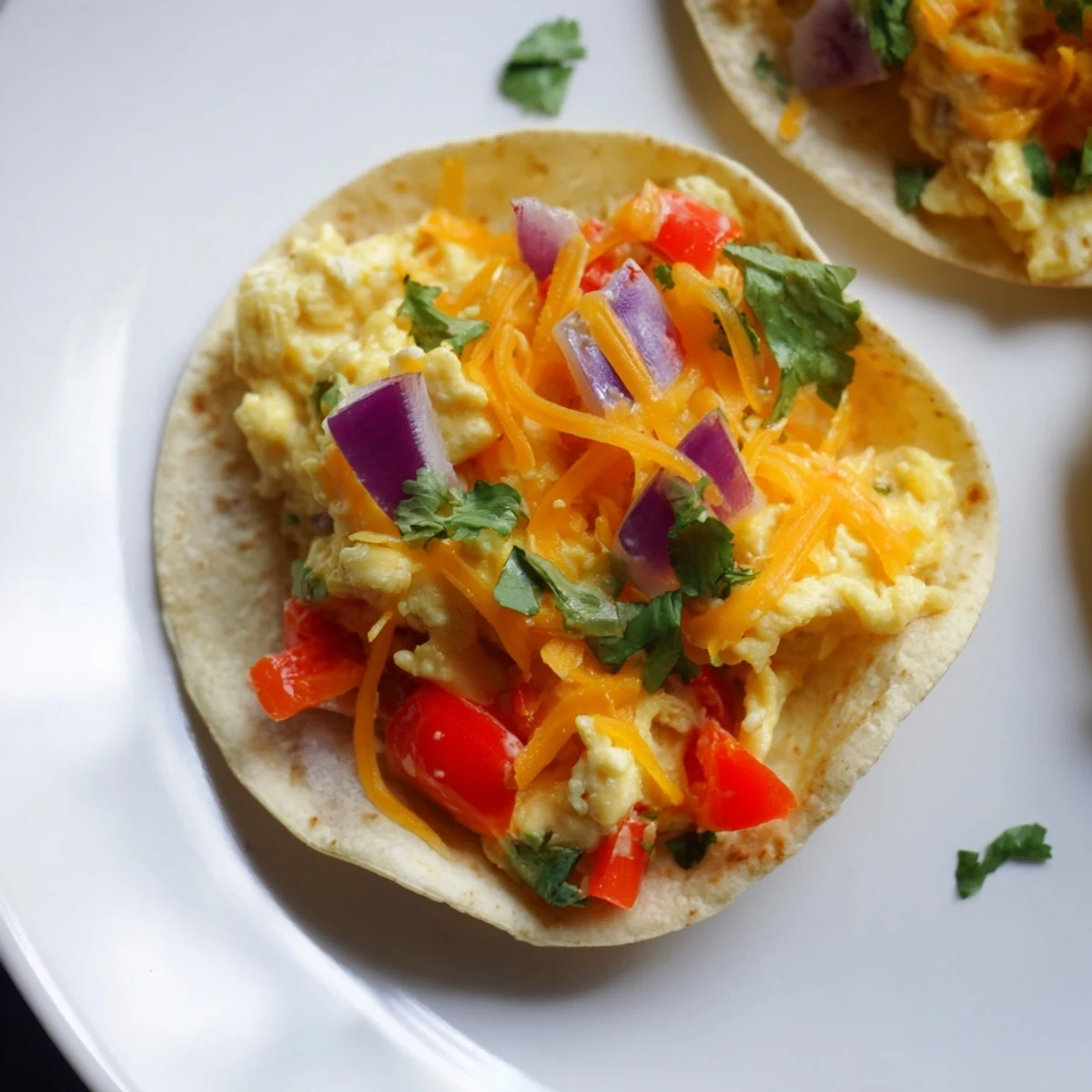 Baked sheet pan breakfast tacos overflowing with melted cheese and colorful bell peppers, ready to eat.