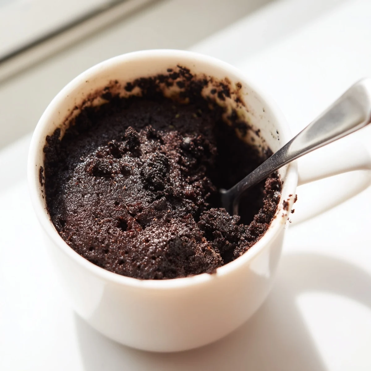 Steaming hot Oreo mug cake, easily made in minutes, topped with a dollop of whipped cream.