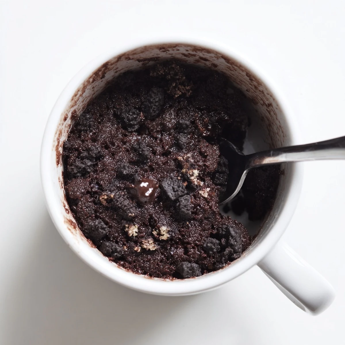 A close-up shot of a fluffy, chocolatey Oreo mug cake, ready to savor right from the mug.
