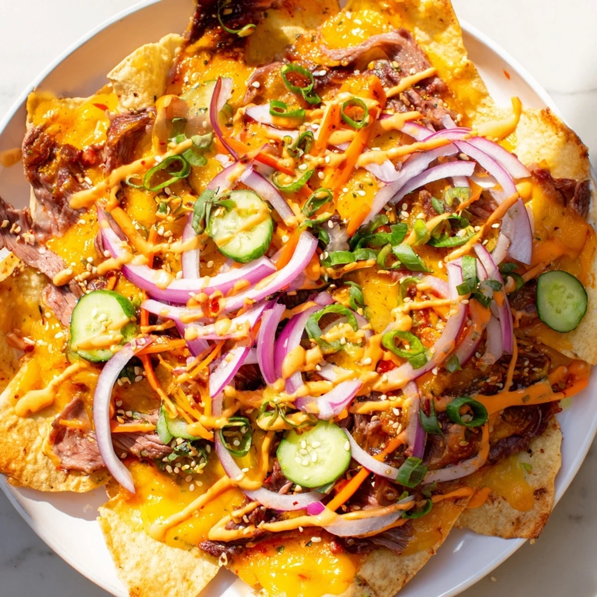 A close-up of Korean BBQ Nachos with sizzling beef, a delicious fusion appetizer, ready to serve.