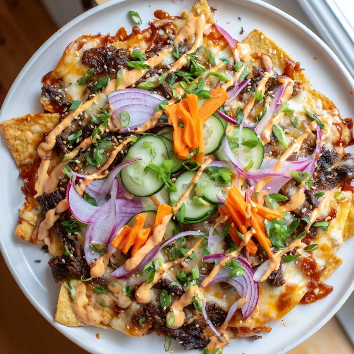 Korean BBQ Nachos topped with fresh vegetables and melted cheese, a flavorful appetizer.