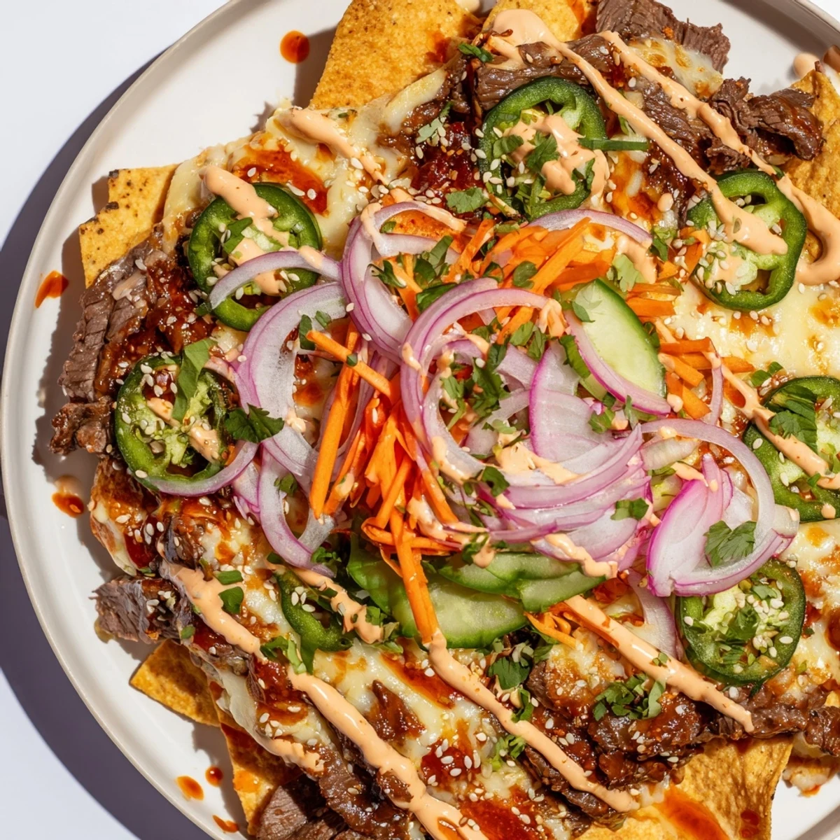 Melting cheese and savory beef atop crispy chips make the ultimate Korean BBQ Nachos, perfect to share.