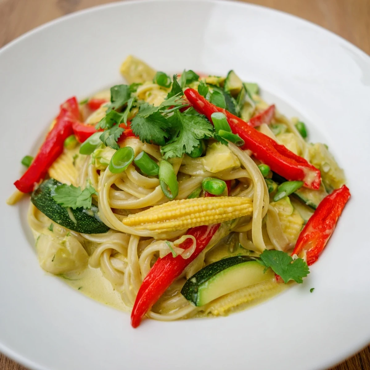 Tender pasta coated in rich green curry sauce, this delicious Thai Curry Pasta is a satisfying vegetarian meal.