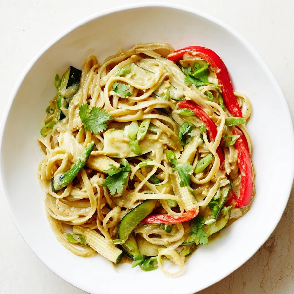 Aromatic, flavorful Thai Curry Pasta arranged in a bowl, garnished with fresh cilantro and a lime wedge.