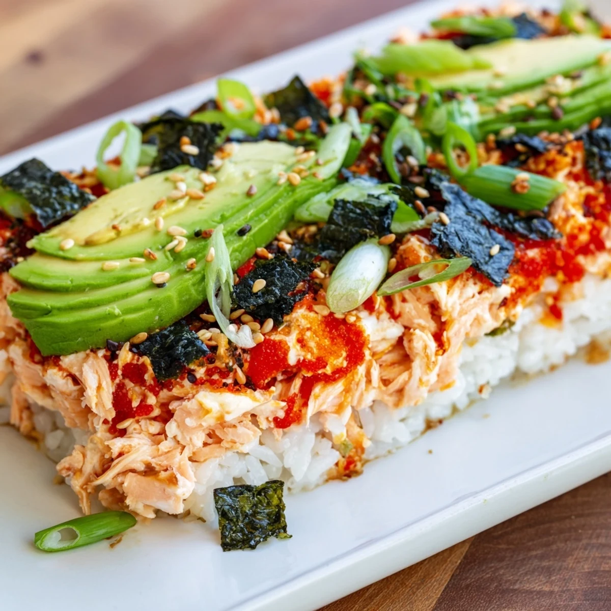 A close-up shot of the delicious Sushi Bake Casserole, with perfect layers and vibrant toppings.