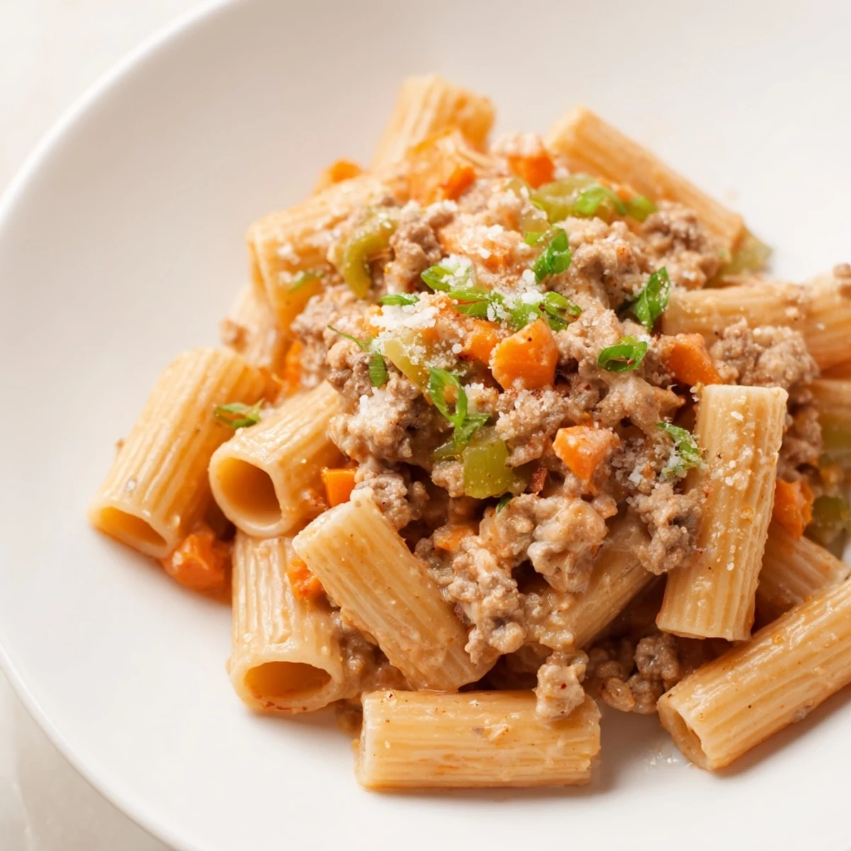 Steaming Kimchi Ragu Pasta, a vibrant fusion with rigatoni, savory sauce, and fresh green scallions.
