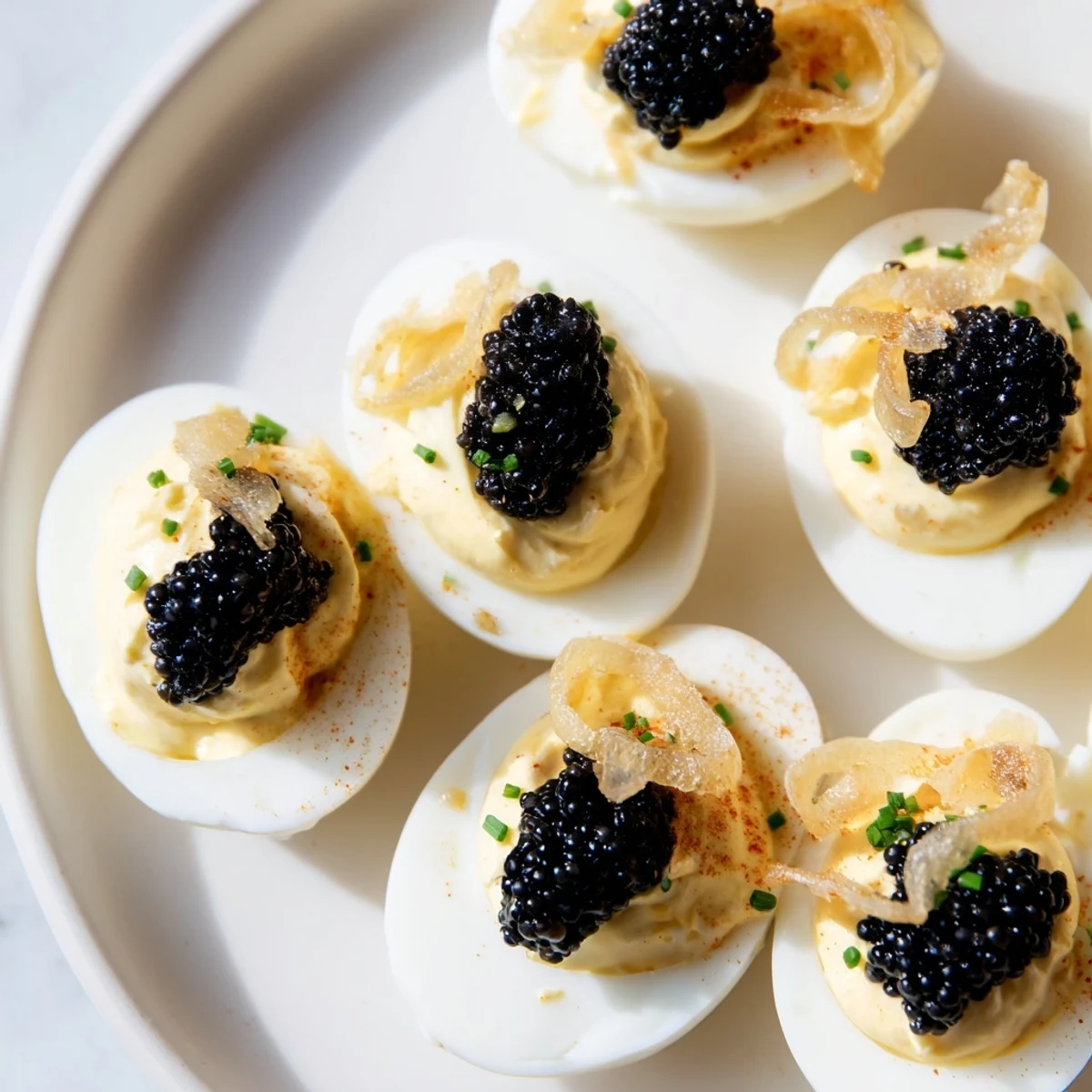 Creamy deviled eggs, delicately piped, adorned with luxurious caviar and crispy shallot garnish.