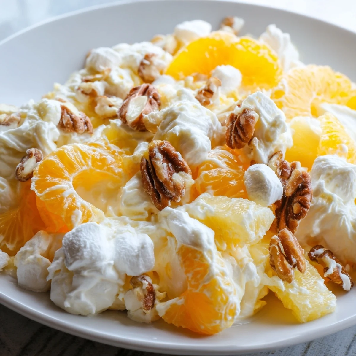 A vibrant bowl of Elevated Ambrosia Salad, showcasing mandarin oranges and toasted pecans in luscious whipped cream.