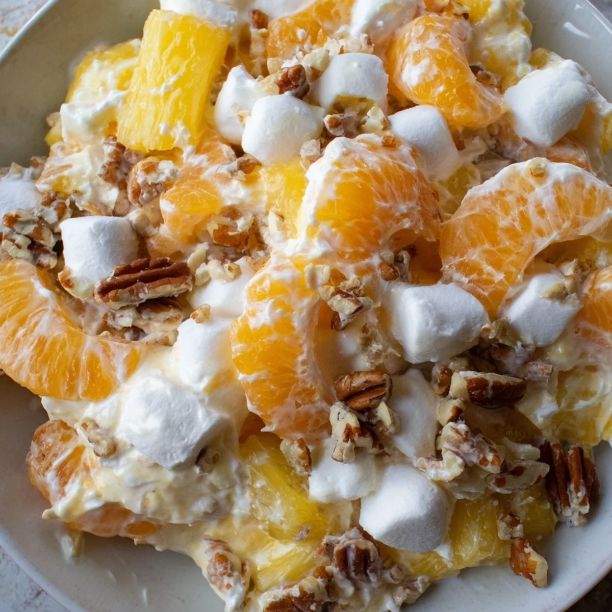 Beautiful close-up of Elevated Ambrosia Salad featuring fluffy marshmallows and bourbon-infused whipped cream, ready to serve.