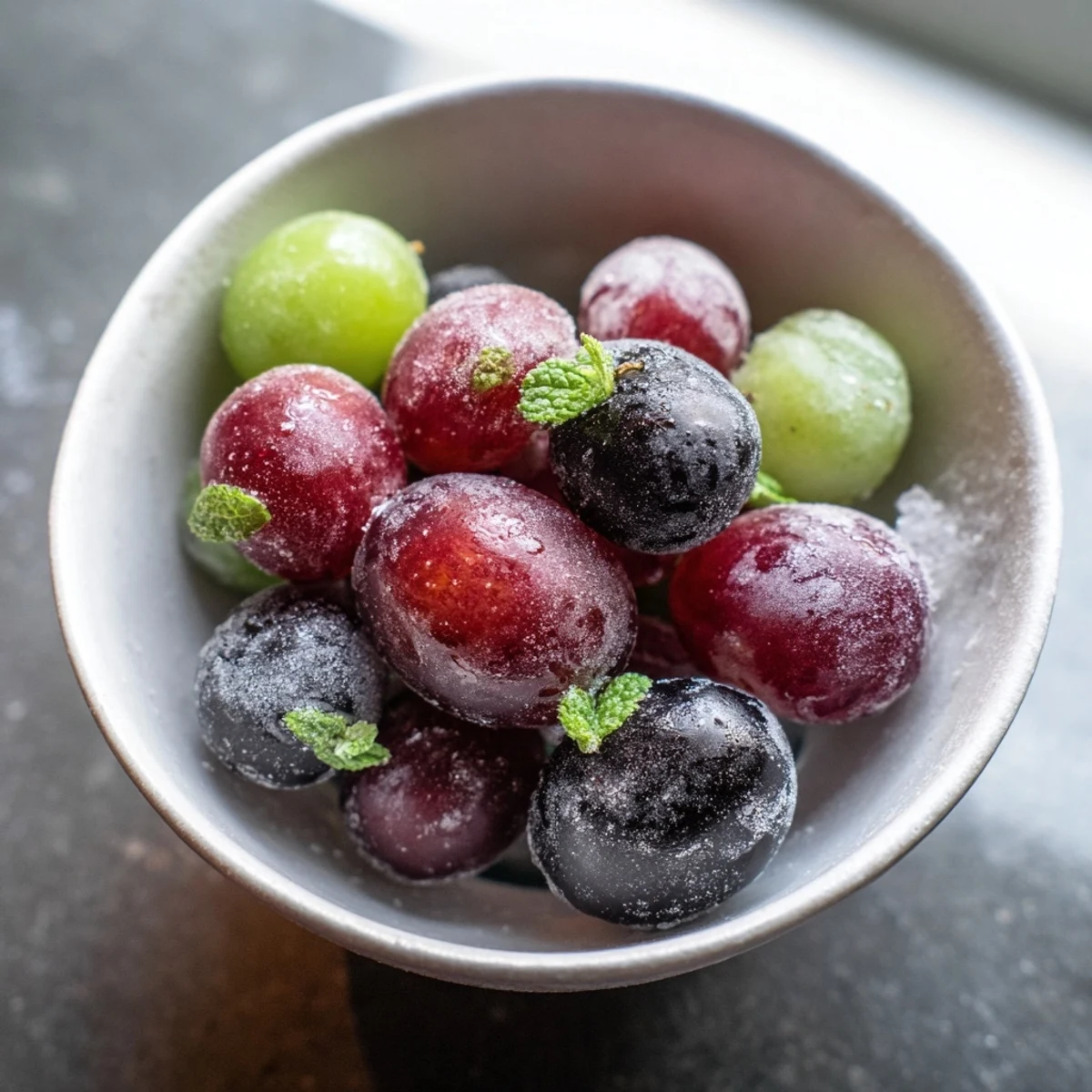 A bowl of Frozen Grapes Spa Treat, frosty and glistening, served as a refreshing snack with fresh mint garnish.
