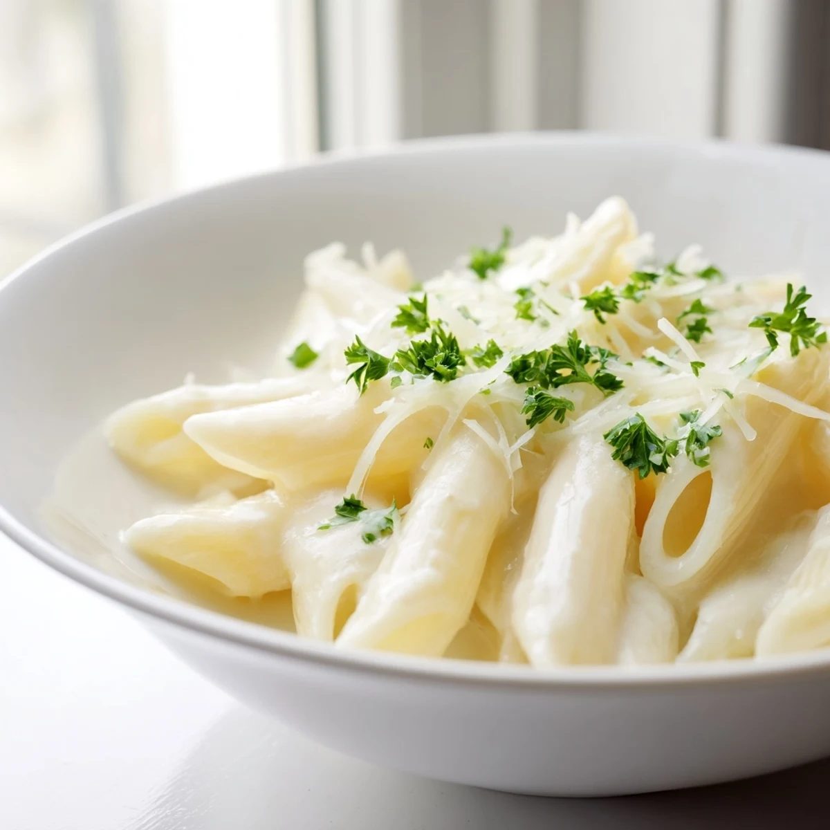 Steaming Creamy Milk Pasta One-Pot in a wide pan with chopped parsley and extra Parmesan for serving.  