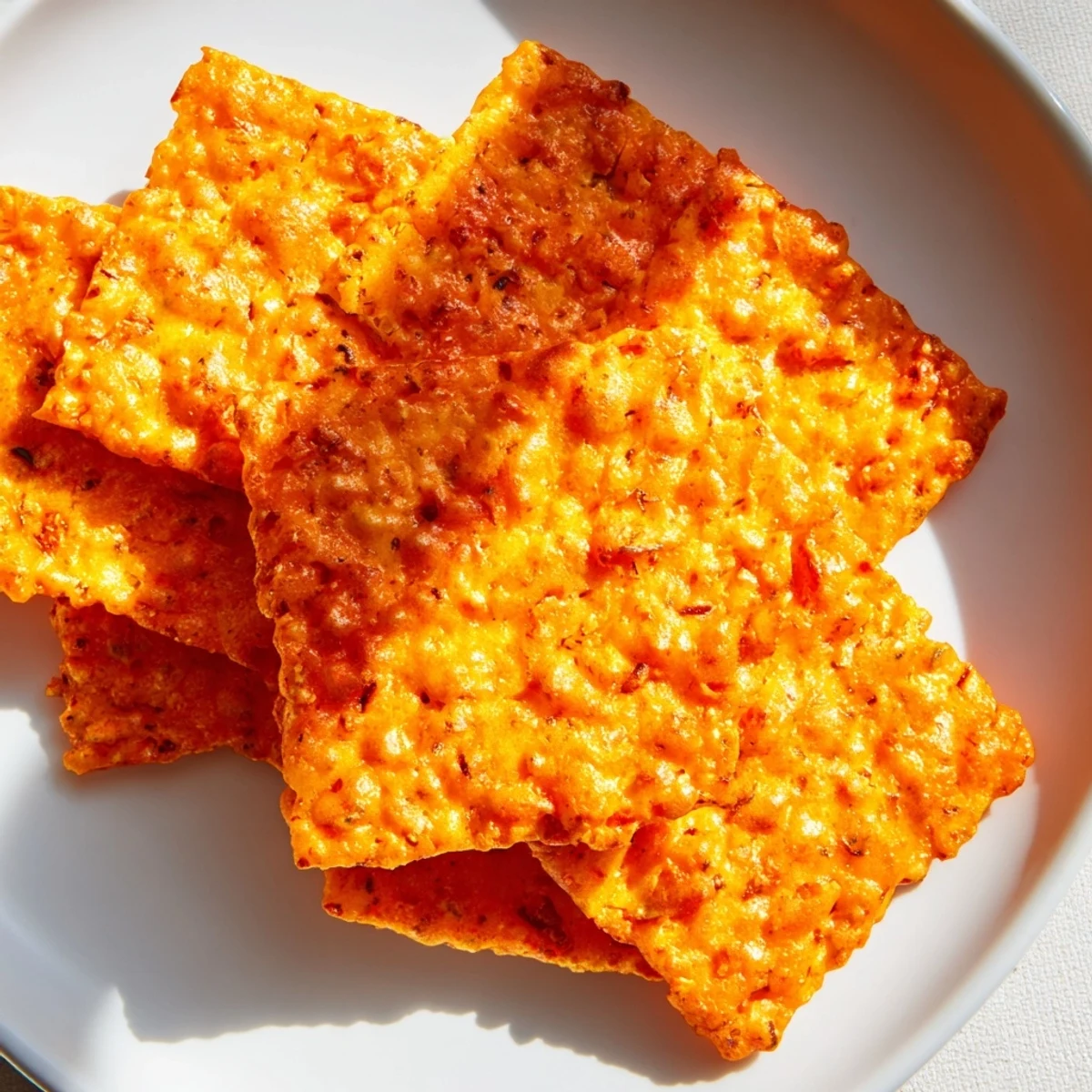 Homemade Crispy Cheeto Cheese Crackers are arranged on a rustic wooden board with a glass of milk for dipping.