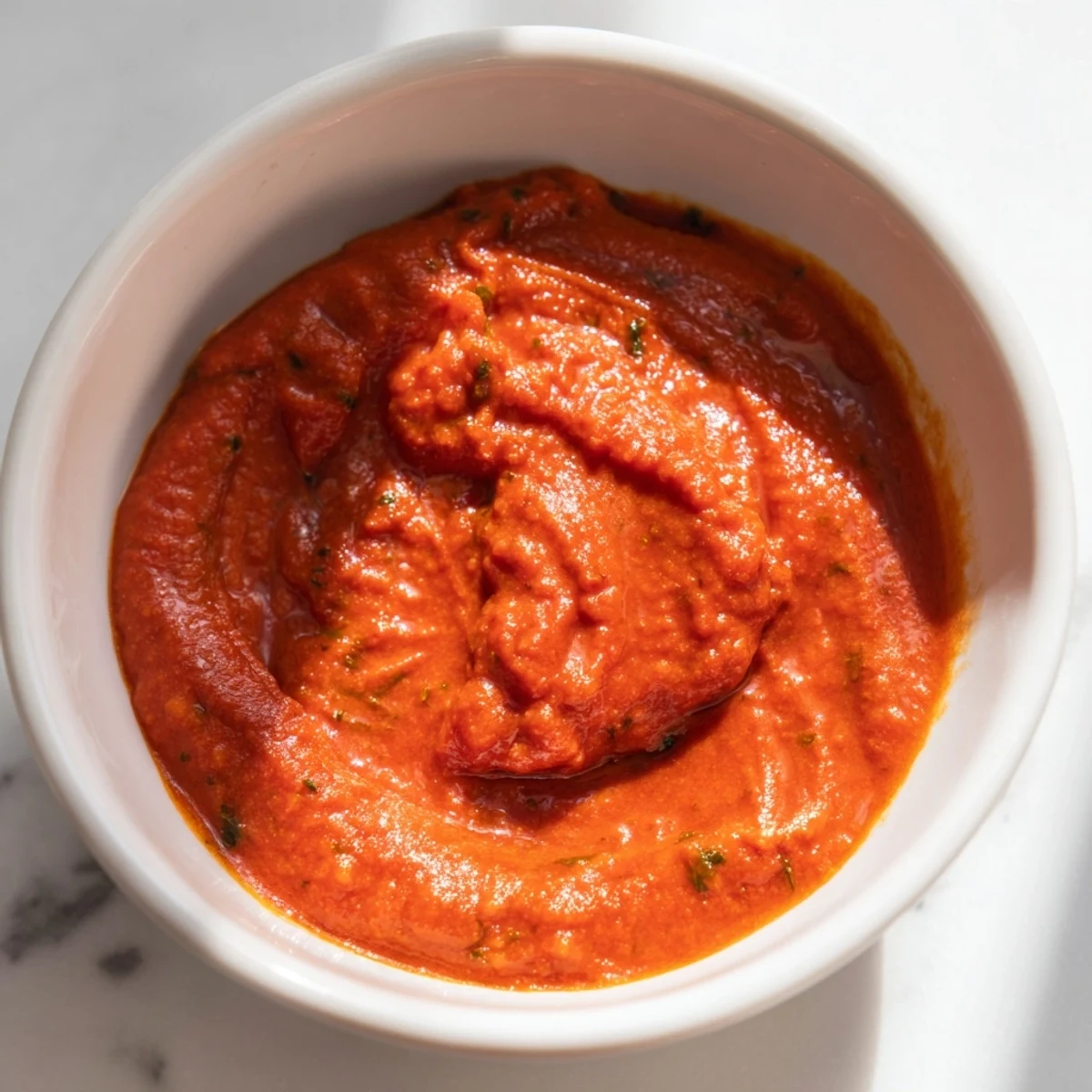 A bowl of rich, hidden veggie tomato pasta sauce tossed with al dente spaghetti and garnished with fresh basil leaves.