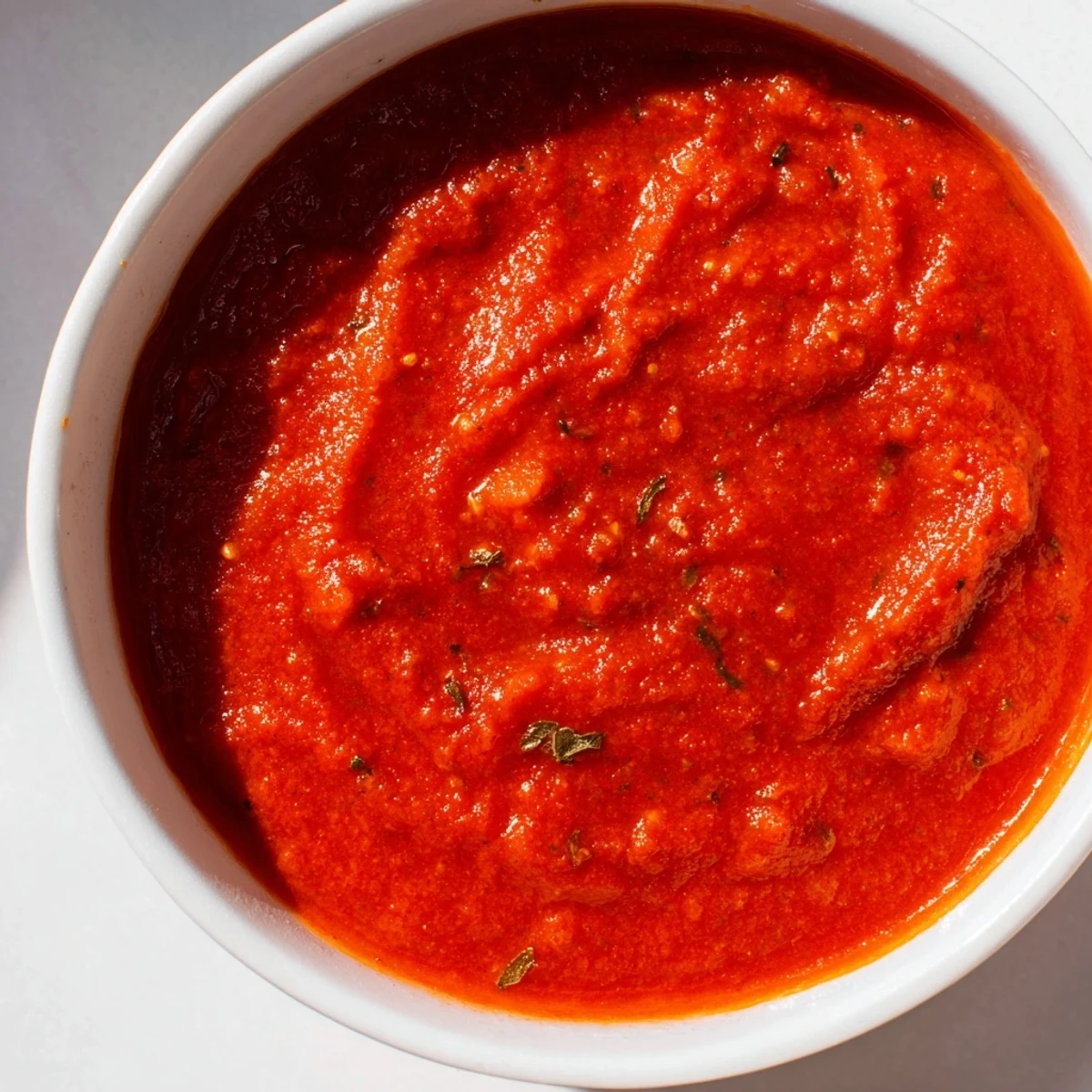 Serving suggestion of hidden veggie tomato pasta sauce topped with Parmesan cheese and fresh basil, ready to enjoy with your favorite pasta.