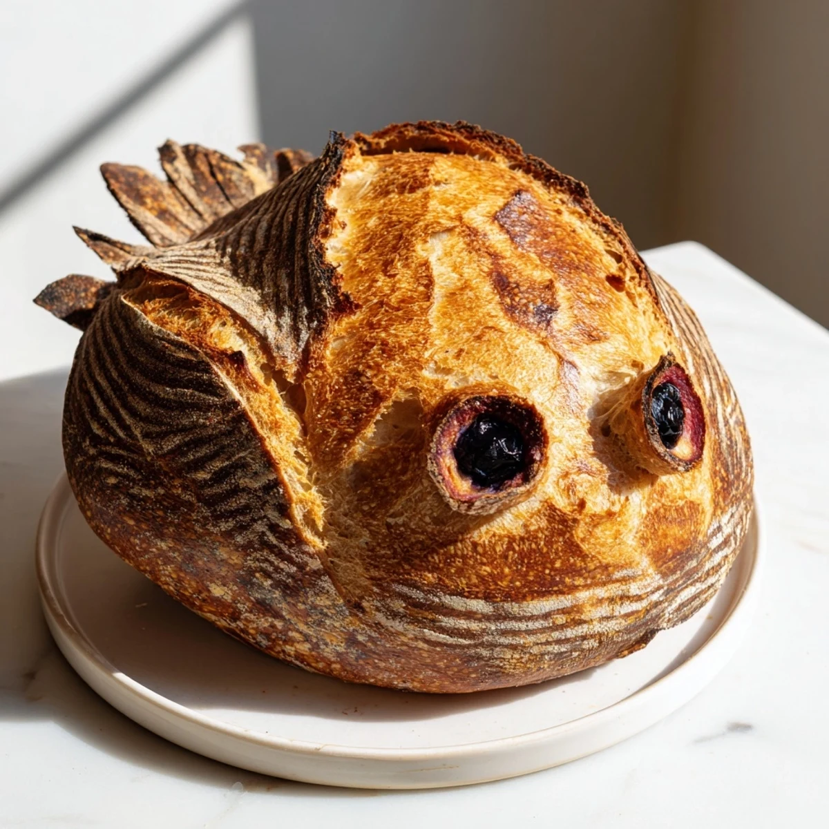 Golden-brown turkey-shaped sourdough bread loaf with crusty exterior and feather-like scoring, placed on a rustic wooden board.