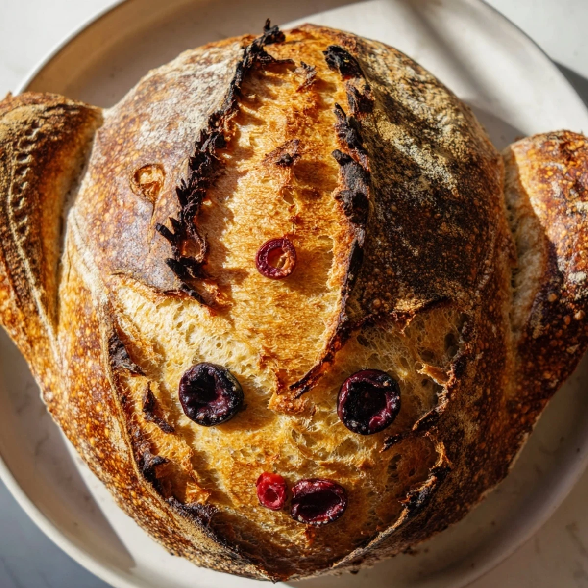 Rustic artisan turkey-shaped sourdough loaf with seeded feathers, ideal for a festive holiday table spread.